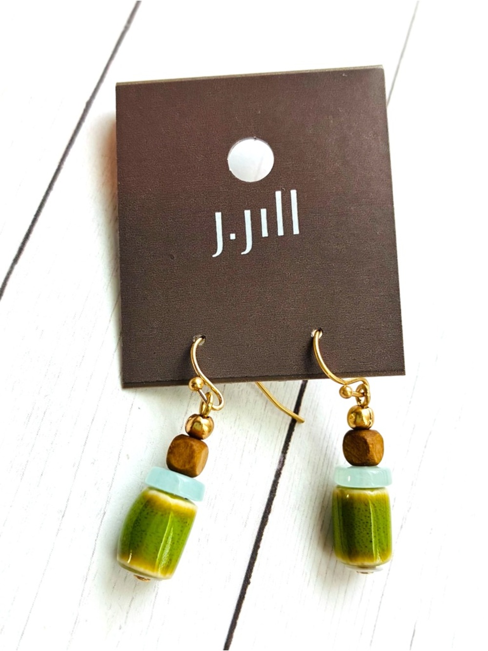 NEW NWT J. Jill Green Glazed Pottery Wood Bead Drop Earrings $29 Retail Tag